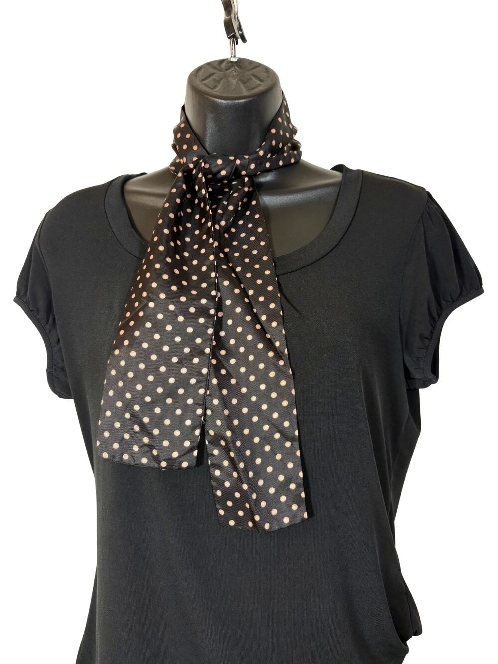 Vintage Scarf Polka Dot Black Tan Rectangle Thin Neck Purse Tie Vintage Preppy